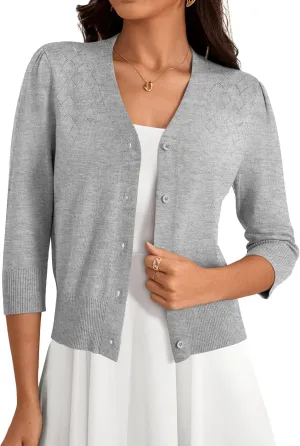 VERABENDI Women's 3/4 Sleeve Cropped Cardigan Sweaters Button Down Open Front Bolero Shrugs for Dresses S-XL