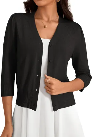 VERABENDI Women's 3/4 Sleeve Cropped Cardigan Sweaters Button Down Open Front Bolero Shrugs for Dresses S-XL