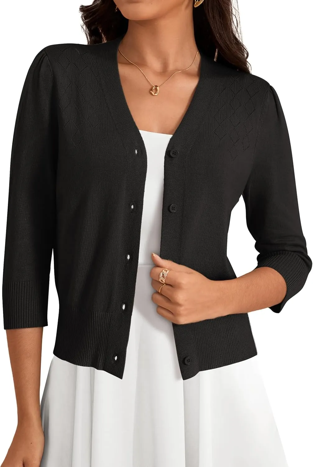 VERABENDI Women's 3/4 Sleeve Cropped Cardigan Sweaters Button Down Open Front Bolero Shrugs for Dresses S-XL