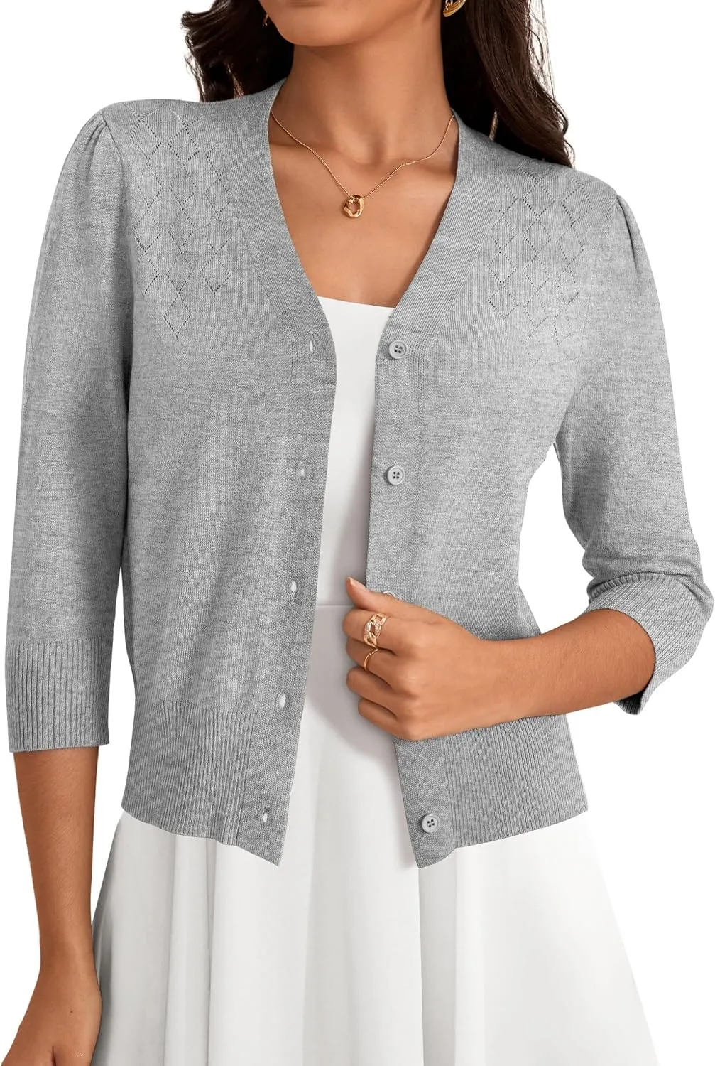 VERABENDI Women's 3/4 Sleeve Cropped Cardigan Sweaters Button Down Open Front Bolero Shrugs for Dresses S-XL