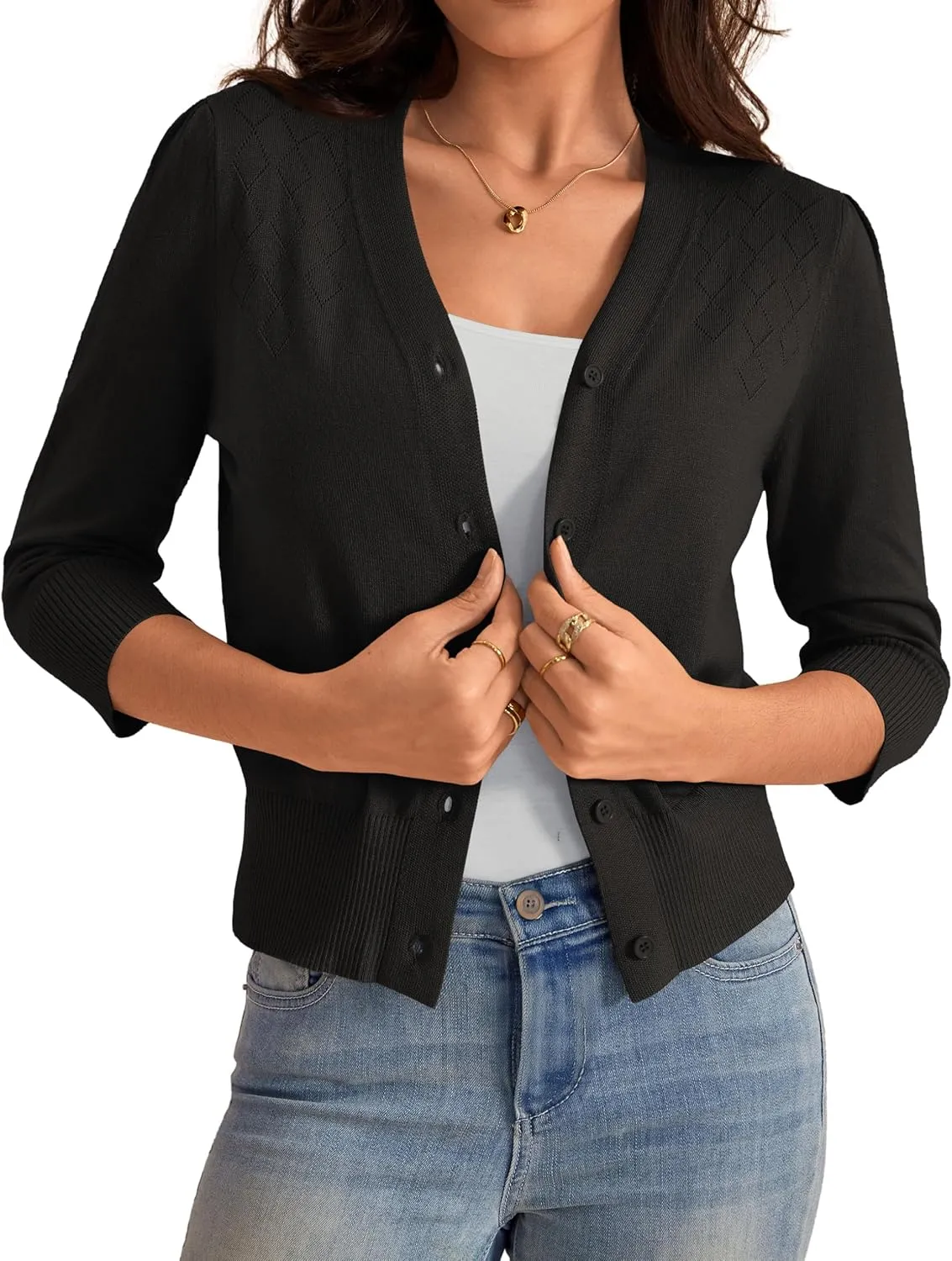VERABENDI Women's 3/4 Sleeve Cropped Cardigan Sweaters Button Down Open Front Bolero Shrugs for Dresses S-XL