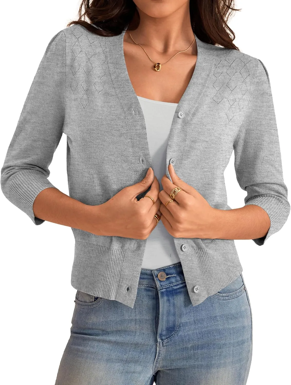 VERABENDI Women's 3/4 Sleeve Cropped Cardigan Sweaters Button Down Open Front Bolero Shrugs for Dresses S-XL
