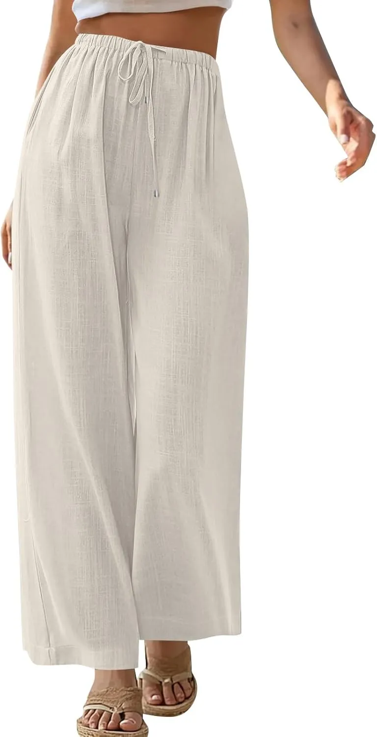 Wide Leg Pants for Women Casual Cotton Linen Elastic Waist Straight Leg Pants Women Work Drawstring Trousers