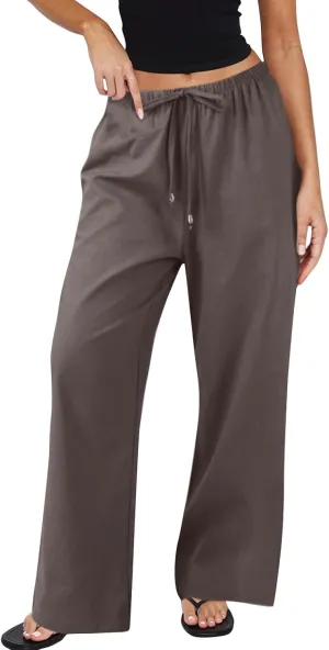 Wide Leg Pants for Women Casual Cotton Linen Elastic Waist Straight Leg Pants Women Work Drawstring Trousers