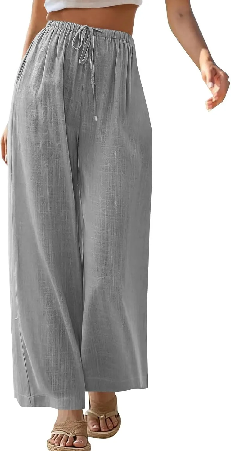Wide Leg Pants for Women Casual Cotton Linen Elastic Waist Straight Leg Pants Women Work Drawstring Trousers