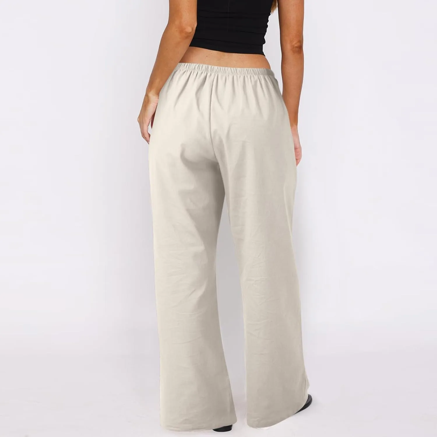 Wide Leg Pants for Women Casual Cotton Linen Elastic Waist Straight Leg Pants Women Work Drawstring Trousers