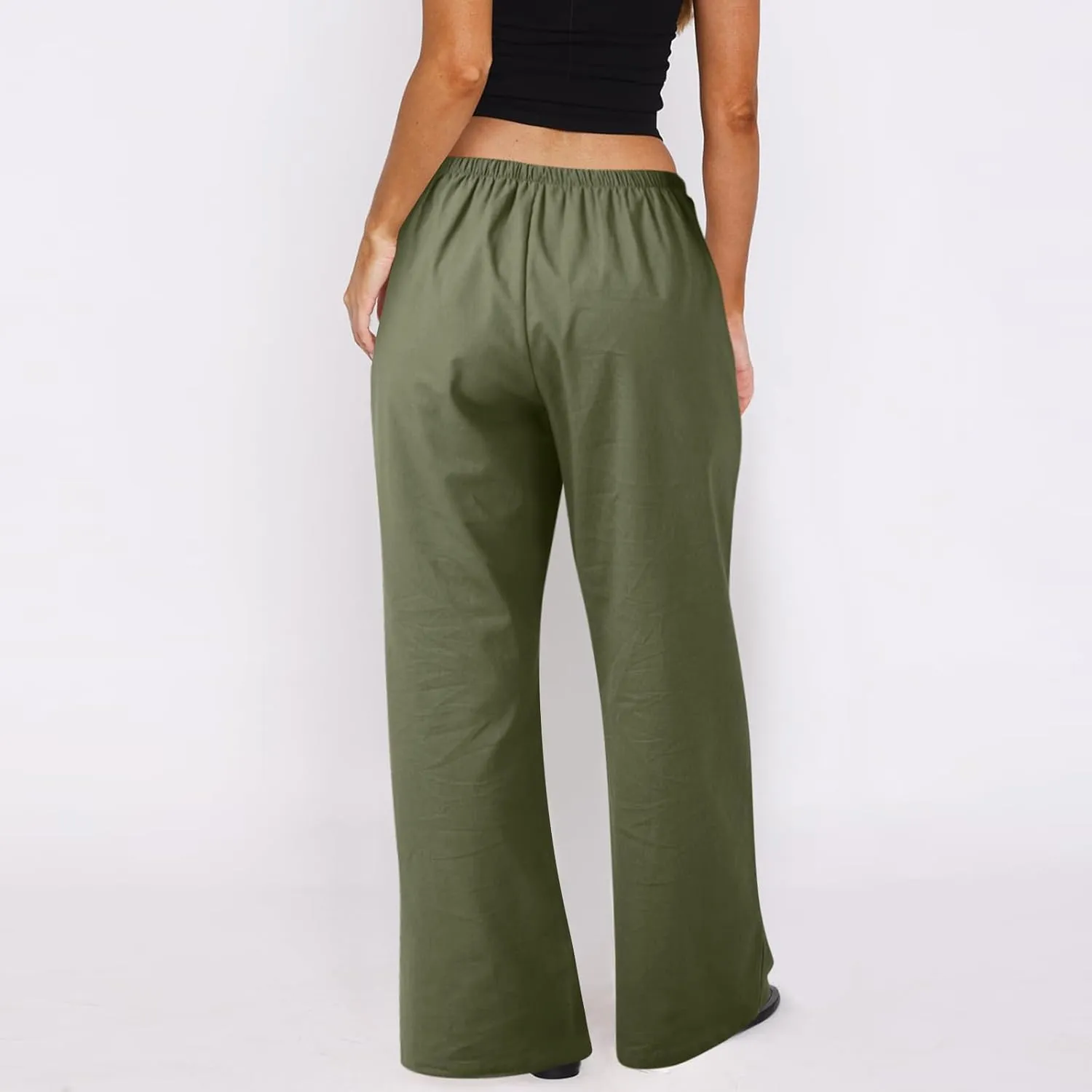 Wide Leg Pants for Women Casual Cotton Linen Elastic Waist Straight Leg Pants Women Work Drawstring Trousers