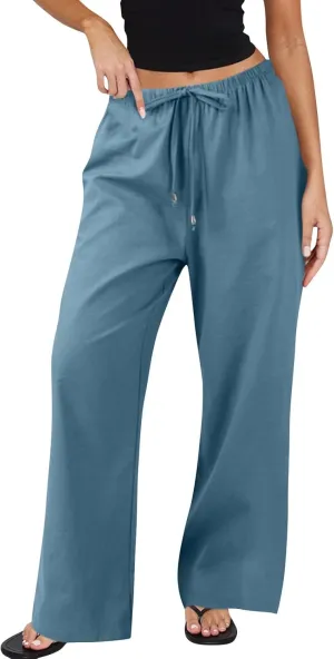 Wide Leg Pants for Women Casual Cotton Linen Elastic Waist Straight Leg Pants Women Work Drawstring Trousers