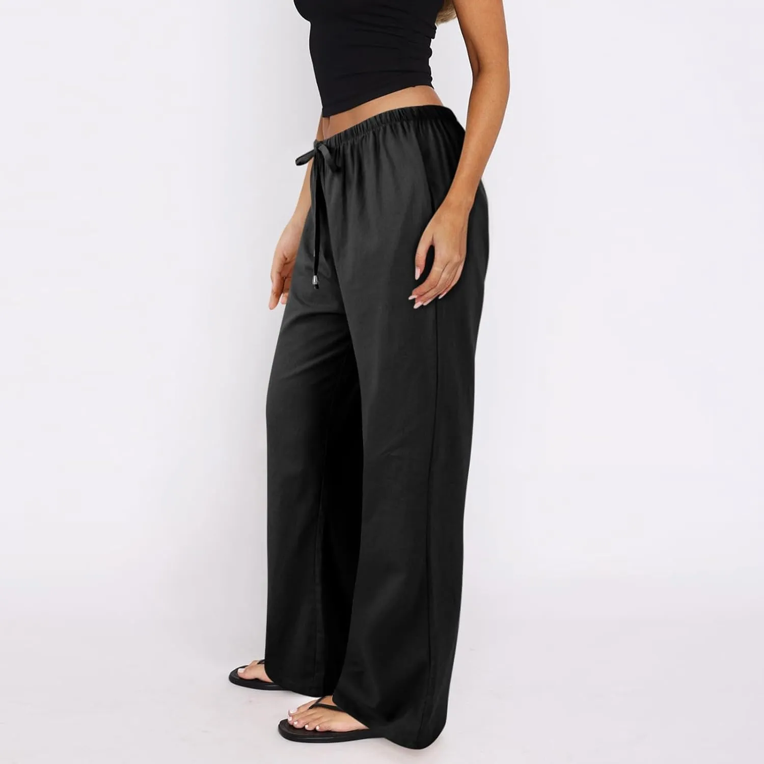 Wide Leg Pants for Women Casual Cotton Linen Elastic Waist Straight Leg Pants Women Work Drawstring Trousers