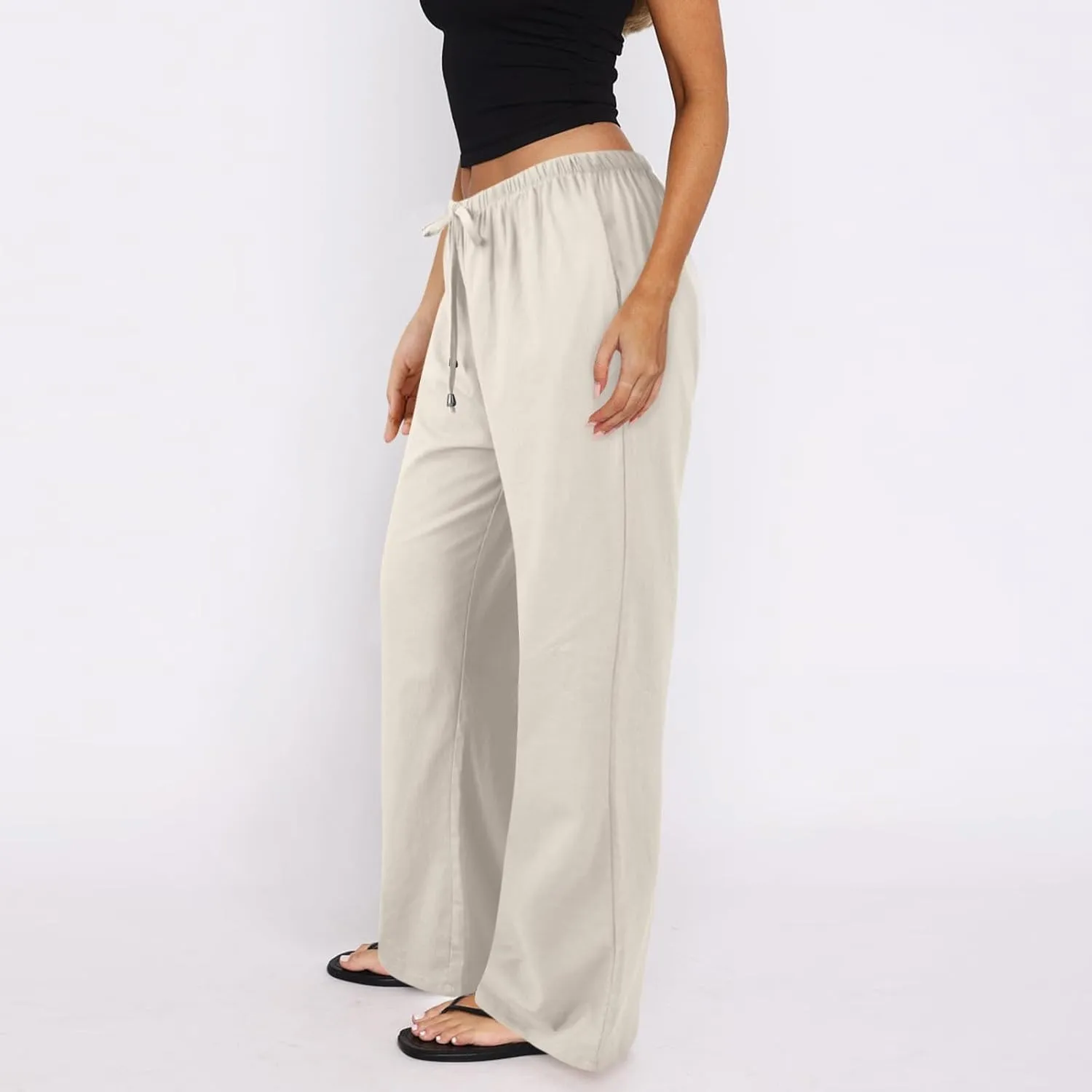 Wide Leg Pants for Women Casual Cotton Linen Elastic Waist Straight Leg Pants Women Work Drawstring Trousers