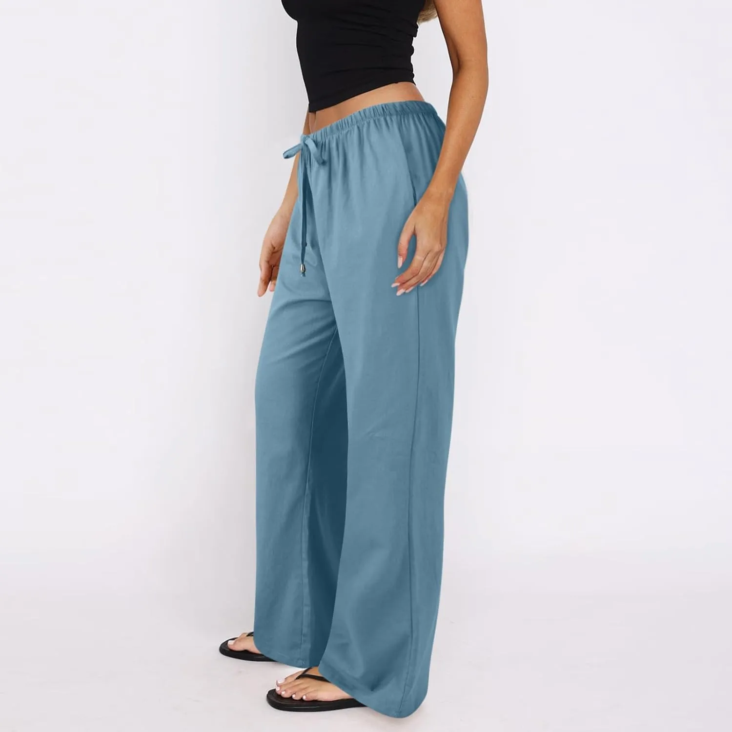 Wide Leg Pants for Women Casual Cotton Linen Elastic Waist Straight Leg Pants Women Work Drawstring Trousers