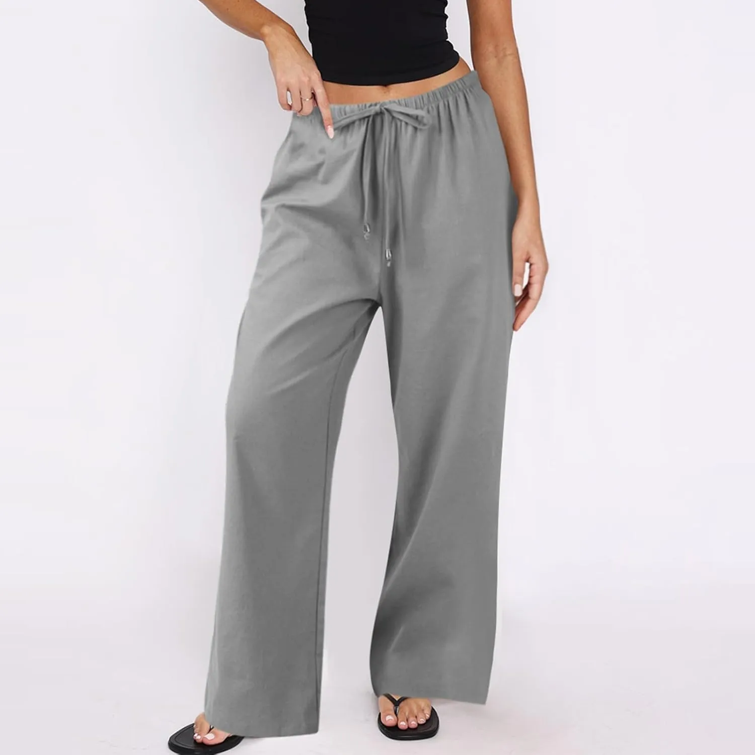 Wide Leg Pants for Women Casual Cotton Linen Elastic Waist Straight Leg Pants Women Work Drawstring Trousers