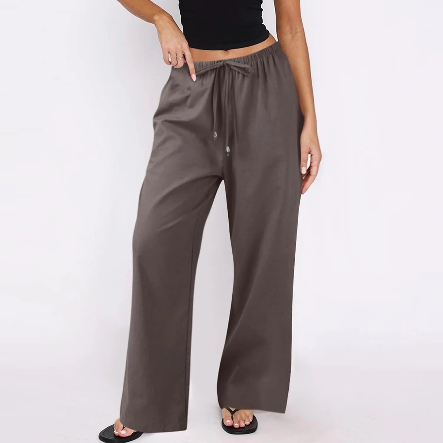 Wide Leg Pants for Women Casual Cotton Linen Elastic Waist Straight Leg Pants Women Work Drawstring Trousers