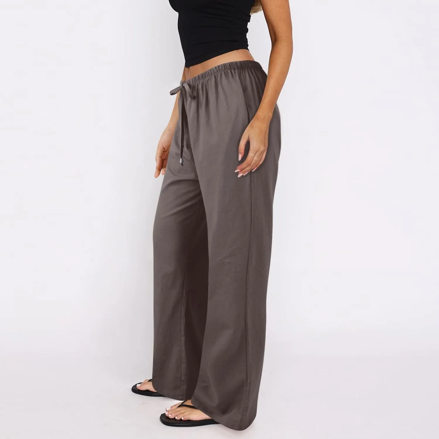 Wide Leg Pants for Women Casual Cotton Linen Elastic Waist Straight Leg Pants Women Work Drawstring Trousers
