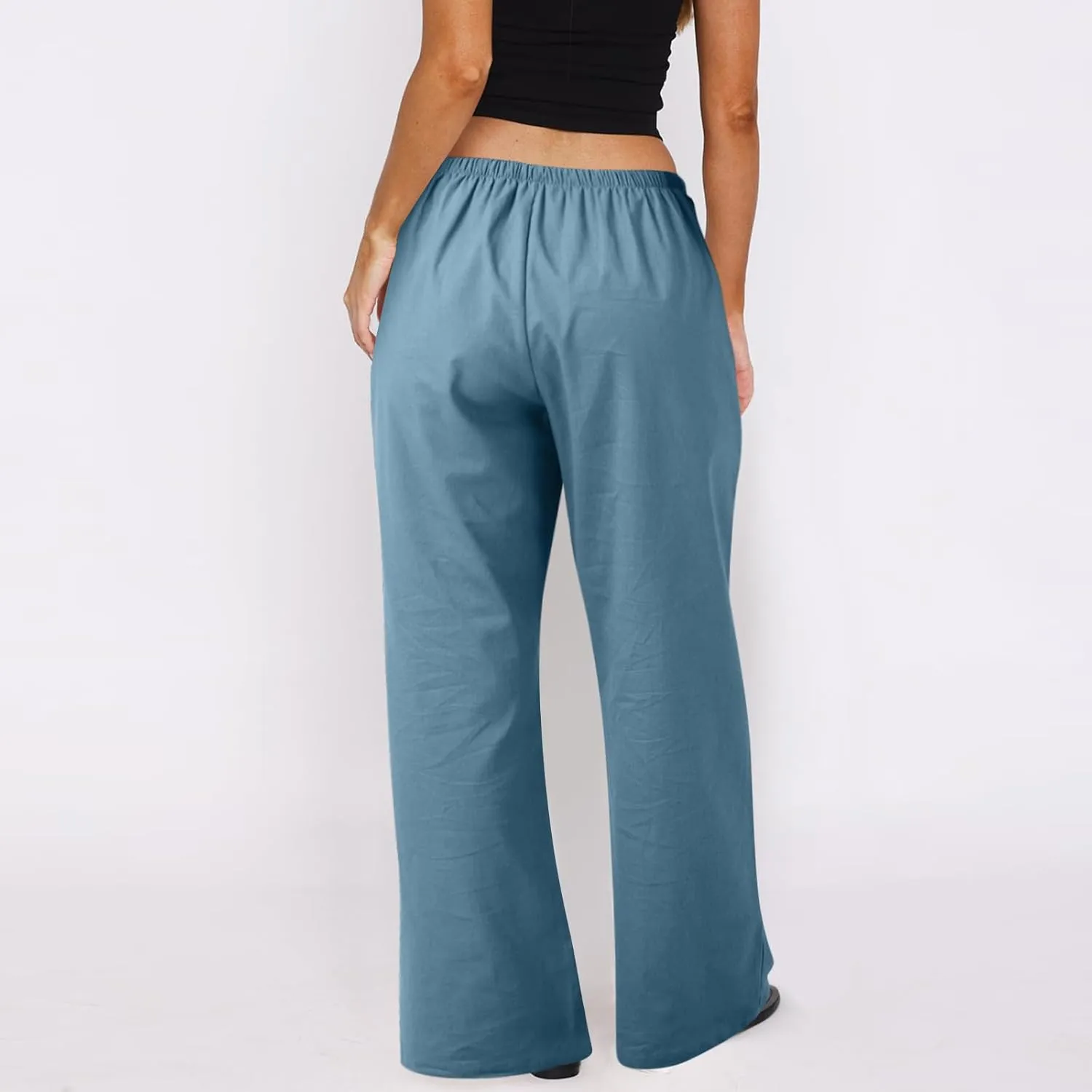 Wide Leg Pants for Women Casual Cotton Linen Elastic Waist Straight Leg Pants Women Work Drawstring Trousers
