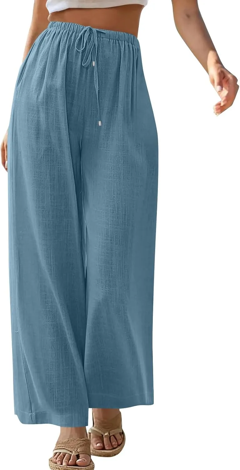 Wide Leg Pants for Women Casual Cotton Linen Elastic Waist Straight Leg Pants Women Work Drawstring Trousers