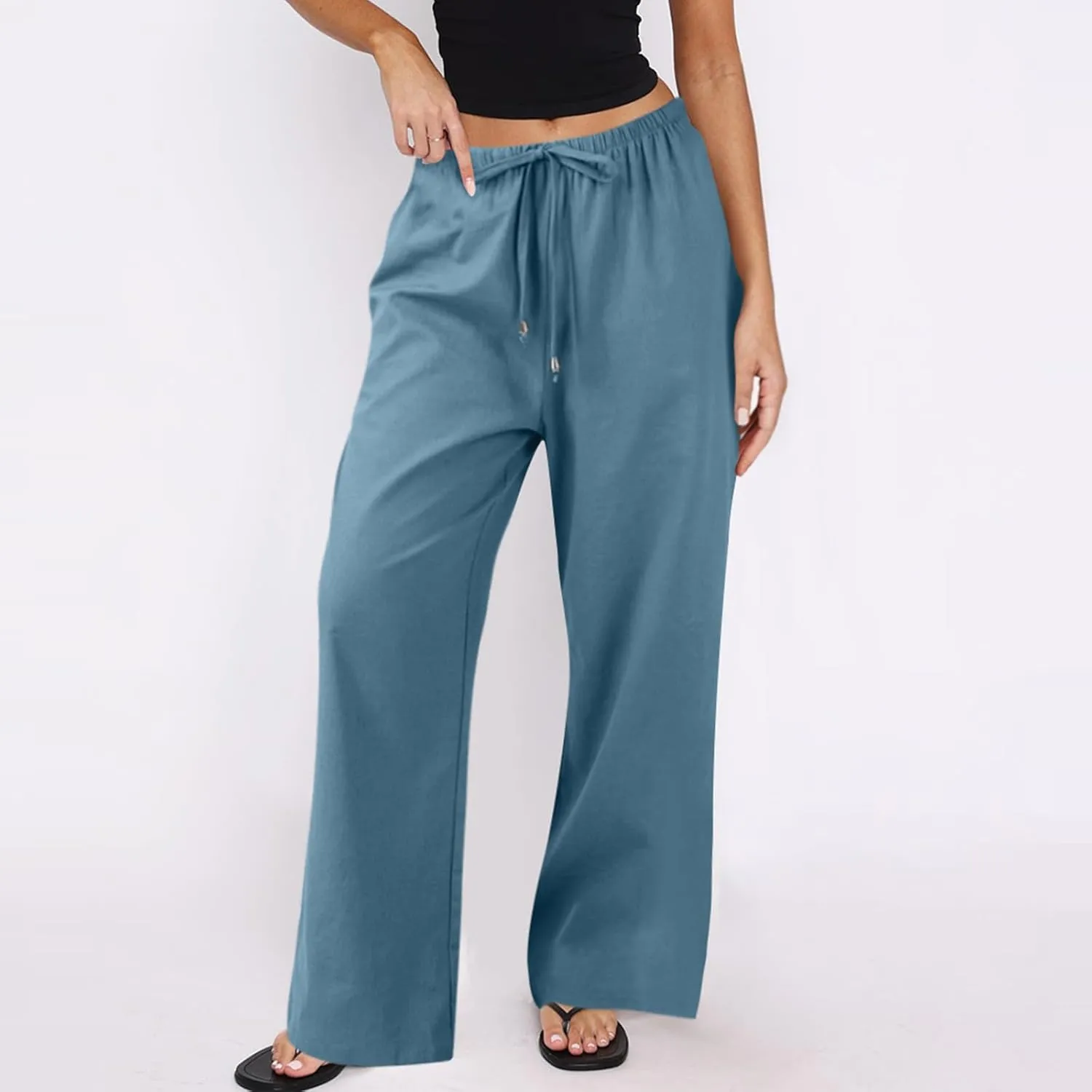 Wide Leg Pants for Women Casual Cotton Linen Elastic Waist Straight Leg Pants Women Work Drawstring Trousers