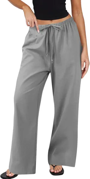 Wide Leg Pants for Women Casual Cotton Linen Elastic Waist Straight Leg Pants Women Work Drawstring Trousers