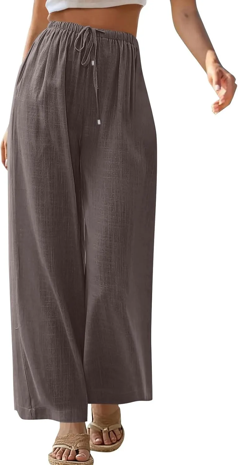 Wide Leg Pants for Women Casual Cotton Linen Elastic Waist Straight Leg Pants Women Work Drawstring Trousers
