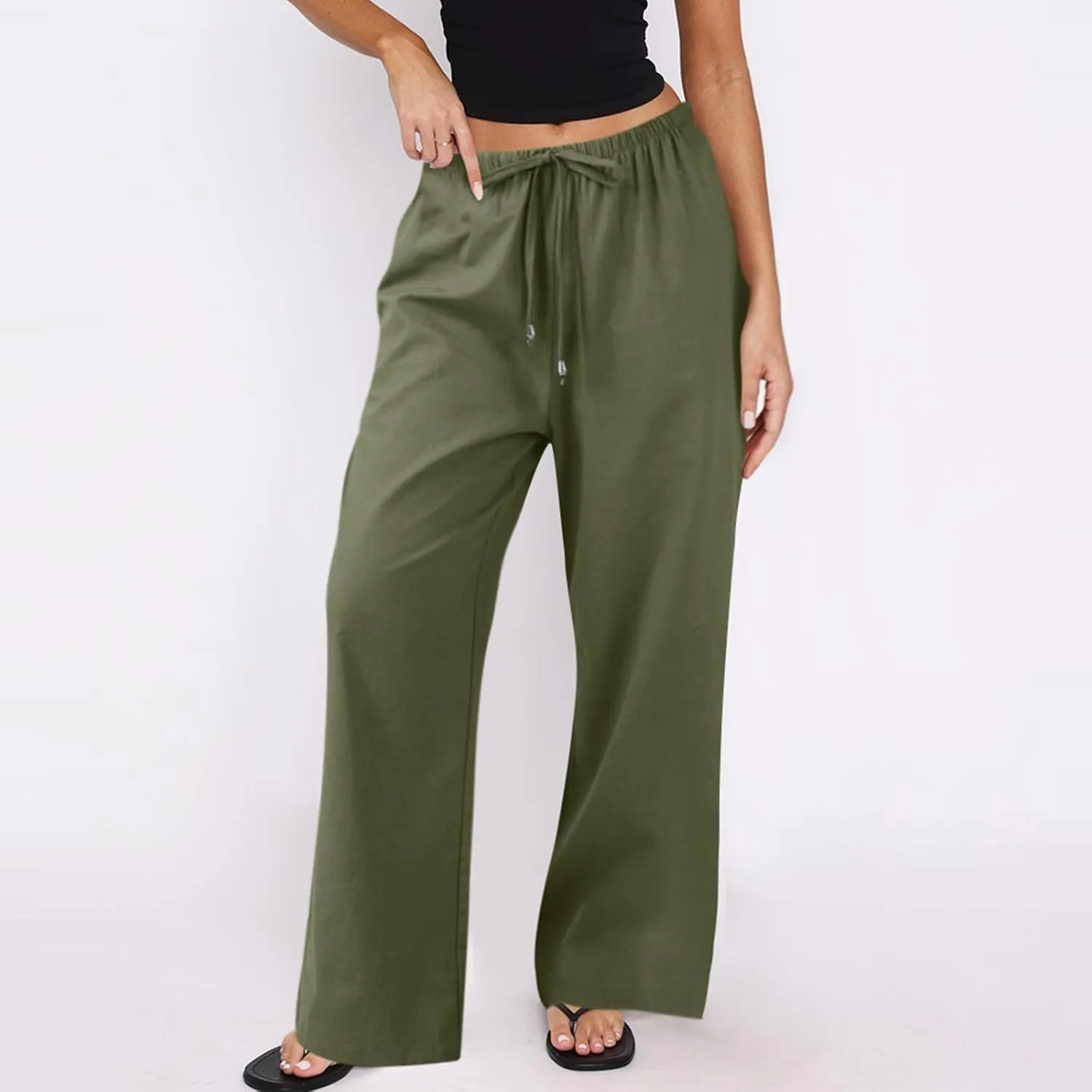 Wide Leg Pants for Women Casual Cotton Linen Elastic Waist Straight Leg Pants Women Work Drawstring Trousers