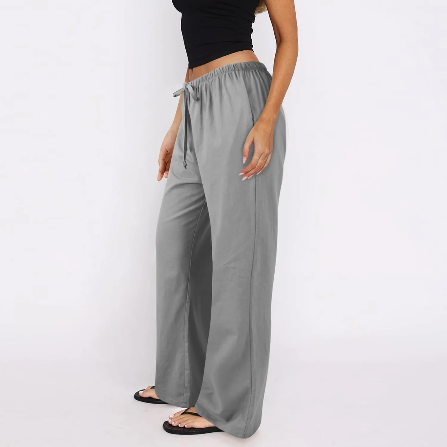 Wide Leg Pants for Women Casual Cotton Linen Elastic Waist Straight Leg Pants Women Work Drawstring Trousers