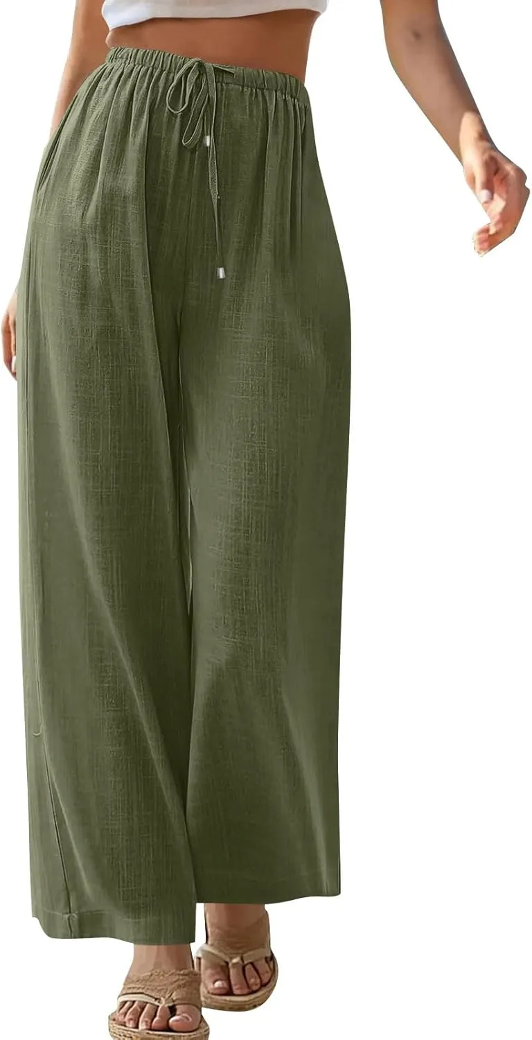 Wide Leg Pants for Women Casual Cotton Linen Elastic Waist Straight Leg Pants Women Work Drawstring Trousers