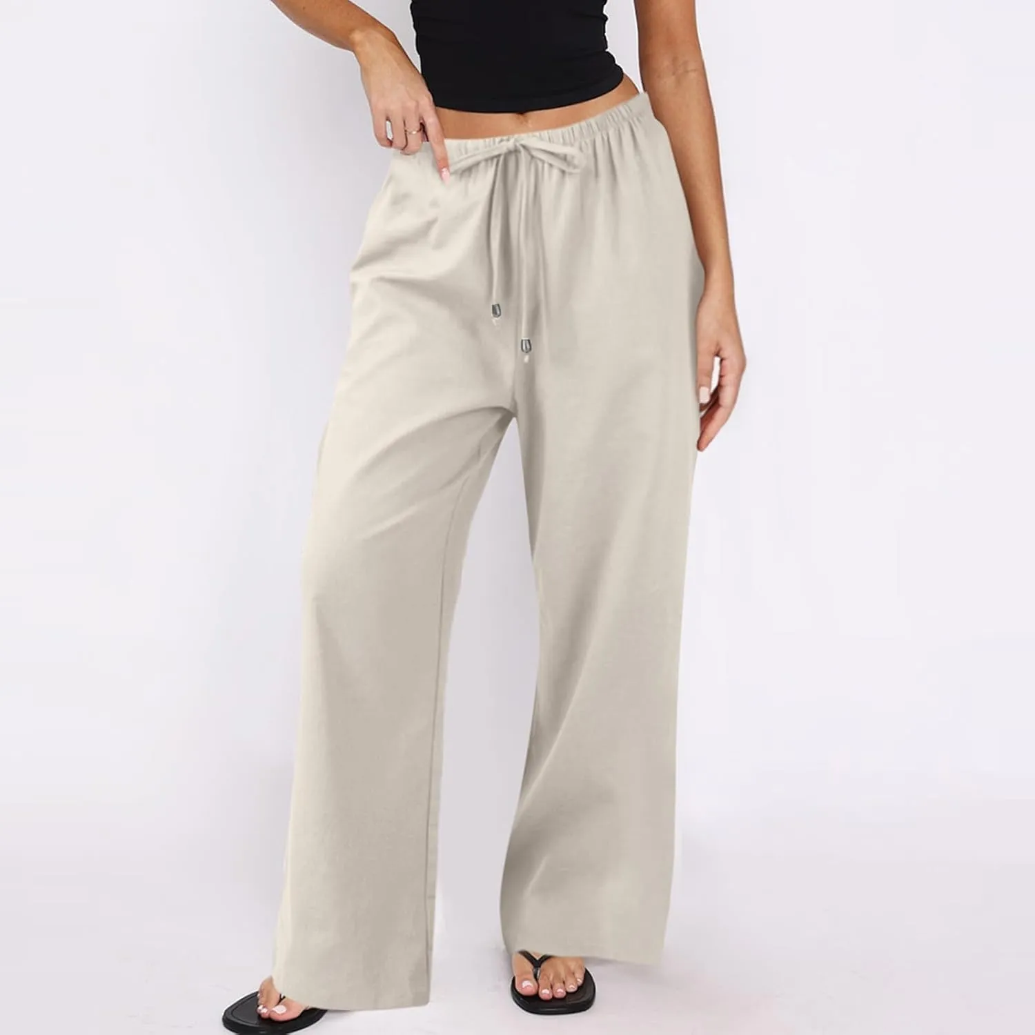 Wide Leg Pants for Women Casual Cotton Linen Elastic Waist Straight Leg Pants Women Work Drawstring Trousers