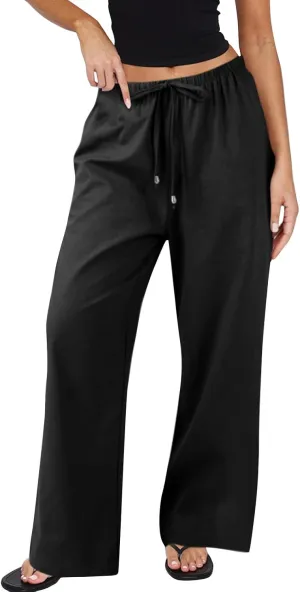 Wide Leg Pants for Women Casual Cotton Linen Elastic Waist Straight Leg Pants Women Work Drawstring Trousers