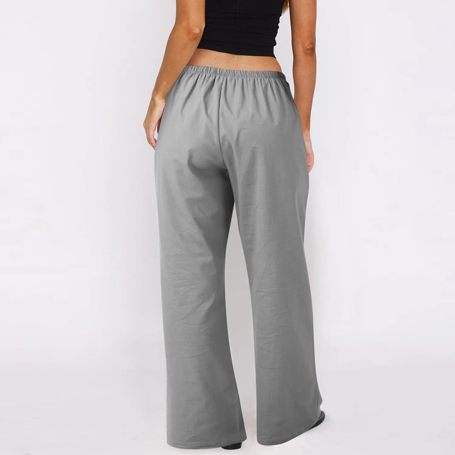 Wide Leg Pants for Women Casual Cotton Linen Elastic Waist Straight Leg Pants Women Work Drawstring Trousers