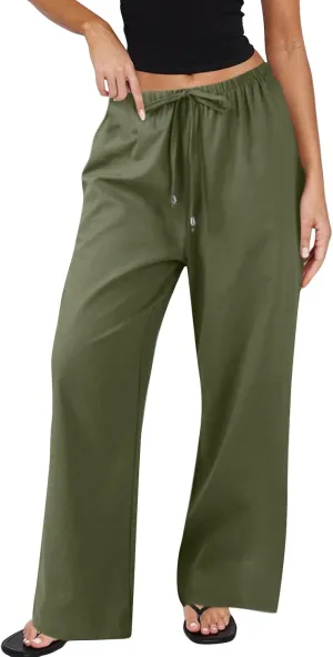 Wide Leg Pants for Women Casual Cotton Linen Elastic Waist Straight Leg Pants Women Work Drawstring Trousers
