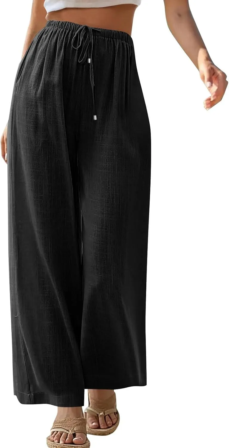 Wide Leg Pants for Women Casual Cotton Linen Elastic Waist Straight Leg Pants Women Work Drawstring Trousers