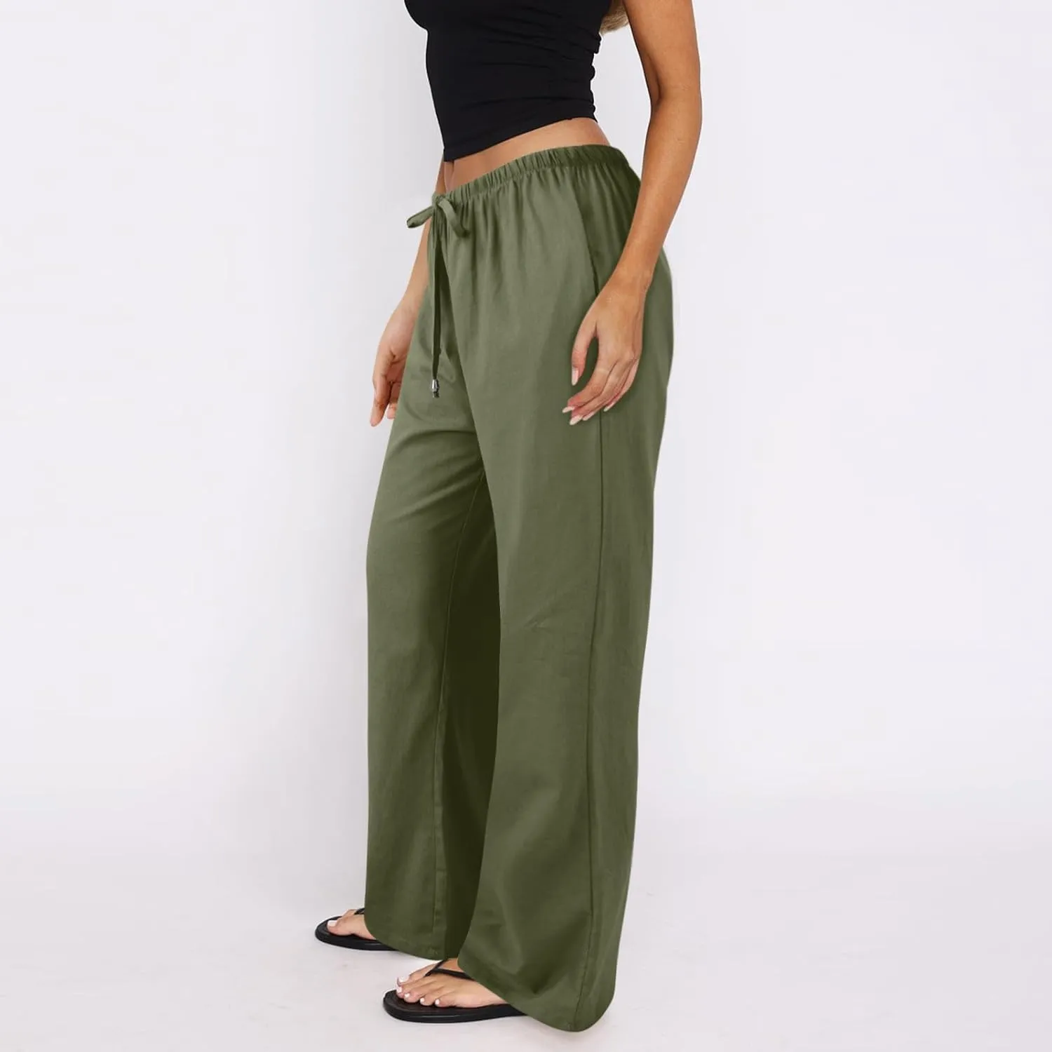 Wide Leg Pants for Women Casual Cotton Linen Elastic Waist Straight Leg Pants Women Work Drawstring Trousers