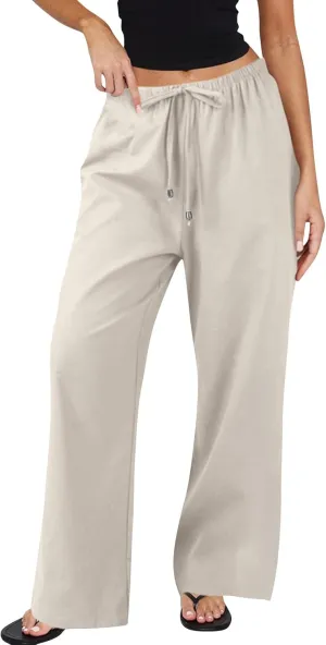 Wide Leg Pants for Women Casual Cotton Linen Elastic Waist Straight Leg Pants Women Work Drawstring Trousers