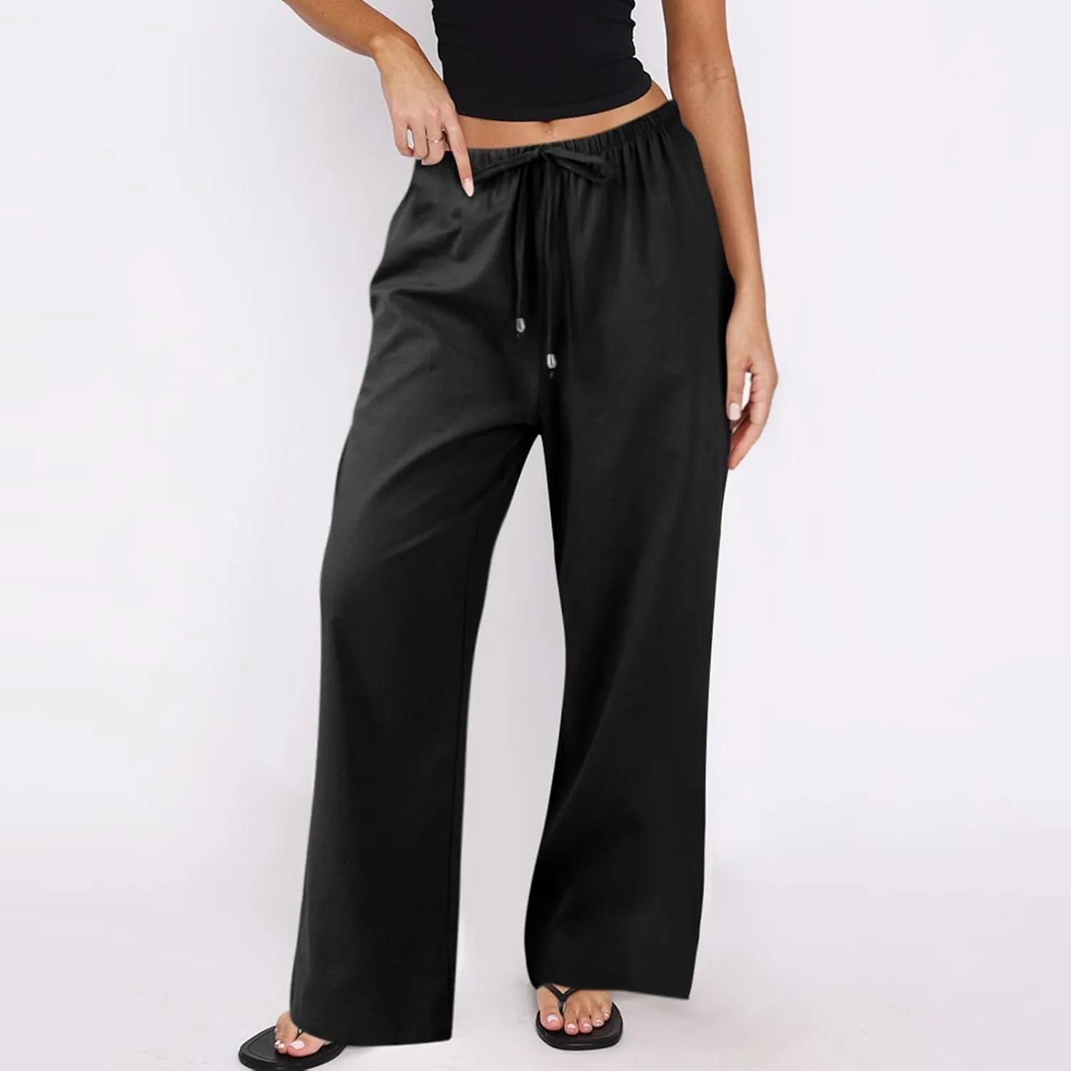 Wide Leg Pants for Women Casual Cotton Linen Elastic Waist Straight Leg Pants Women Work Drawstring Trousers