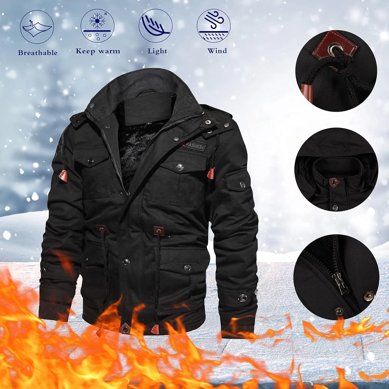 Winter Coats for Men Mens Winter Coats Men's Jacket Casual Fleeced Windproof Bomber Jacket Full Zip Windbreaker Jacket
