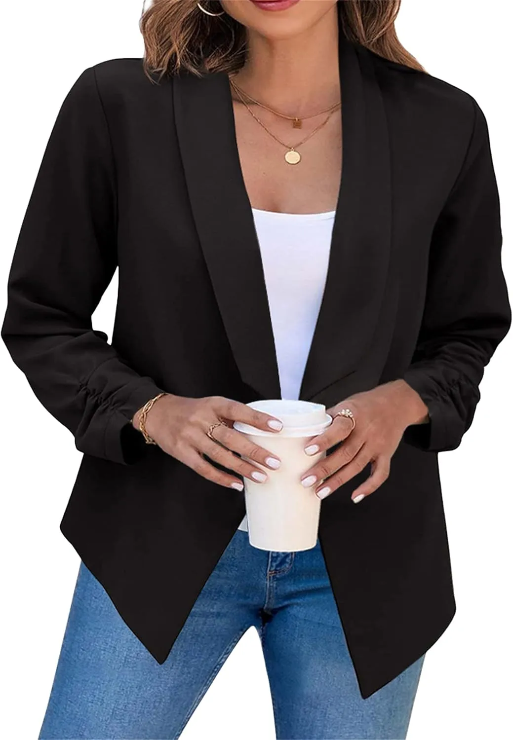 WIWIQS Women's Long Sleeve Open Front Office Blazer Business Lightweight Solid Color Blazers Dressy Casual Lapel Suit Jackets