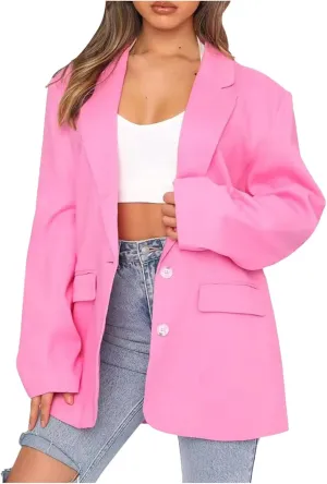 Wkishenl Women Long Sleeve Button Blazers Oversized Solid Notched Lapel Jackets Blazer 2024 Fashion Pocket Work Office Coats