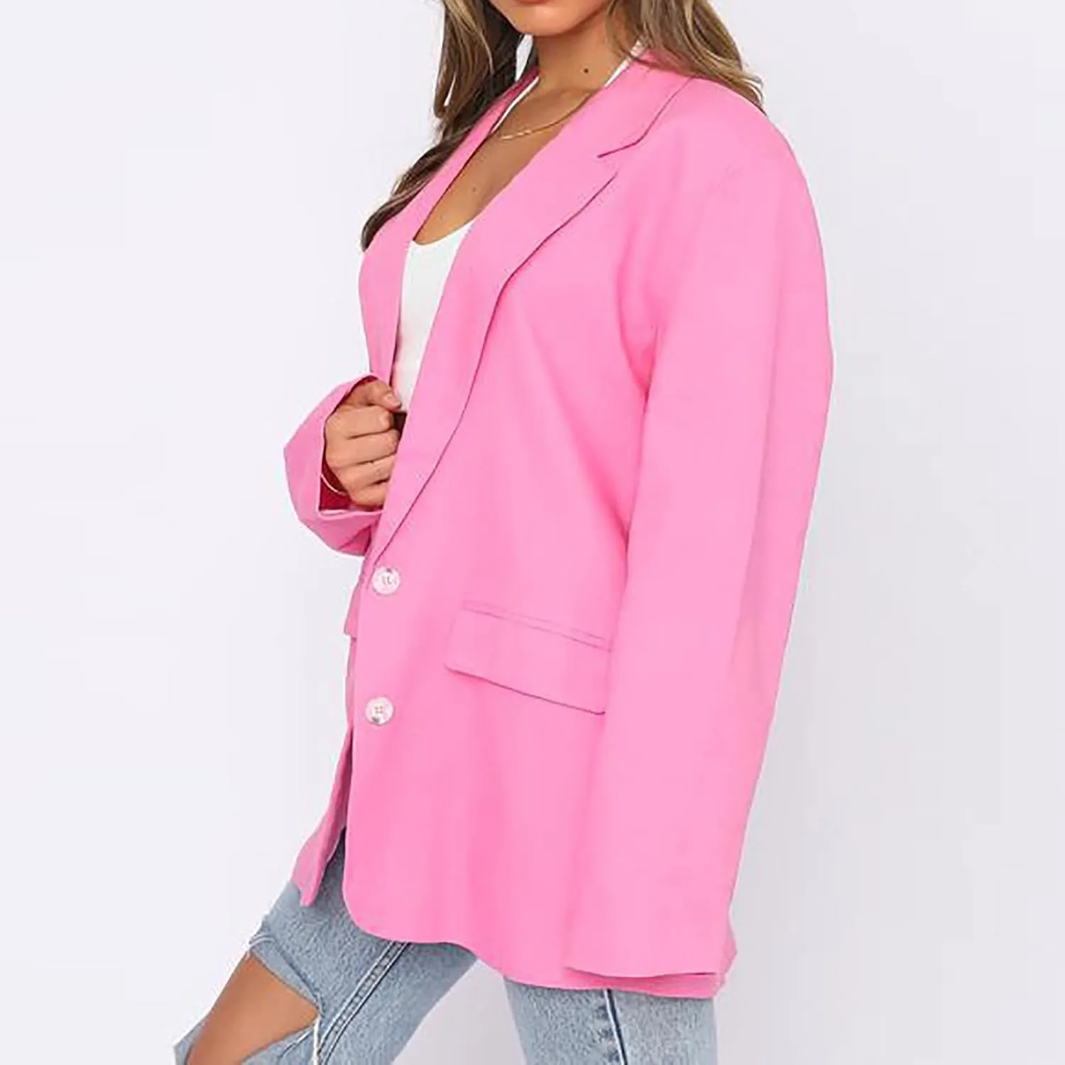 Wkishenl Women Long Sleeve Button Blazers Oversized Solid Notched Lapel Jackets Blazer 2024 Fashion Pocket Work Office Coats