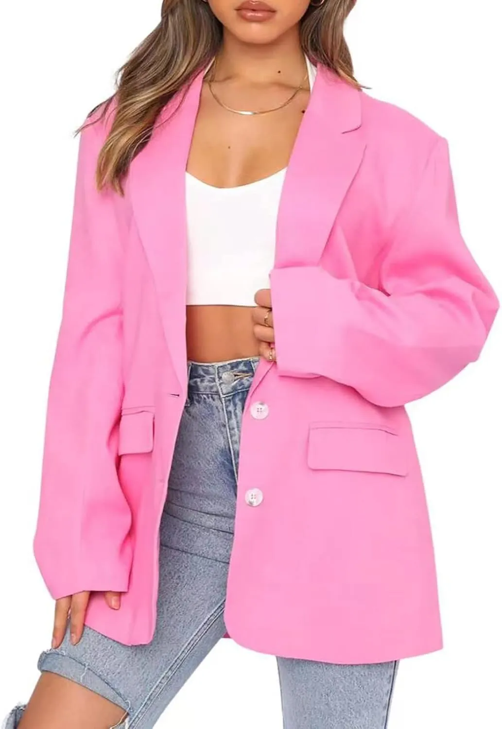 Wkishenl Women Long Sleeve Button Blazers Oversized Solid Notched Lapel Jackets Blazer 2024 Fashion Pocket Work Office Coats