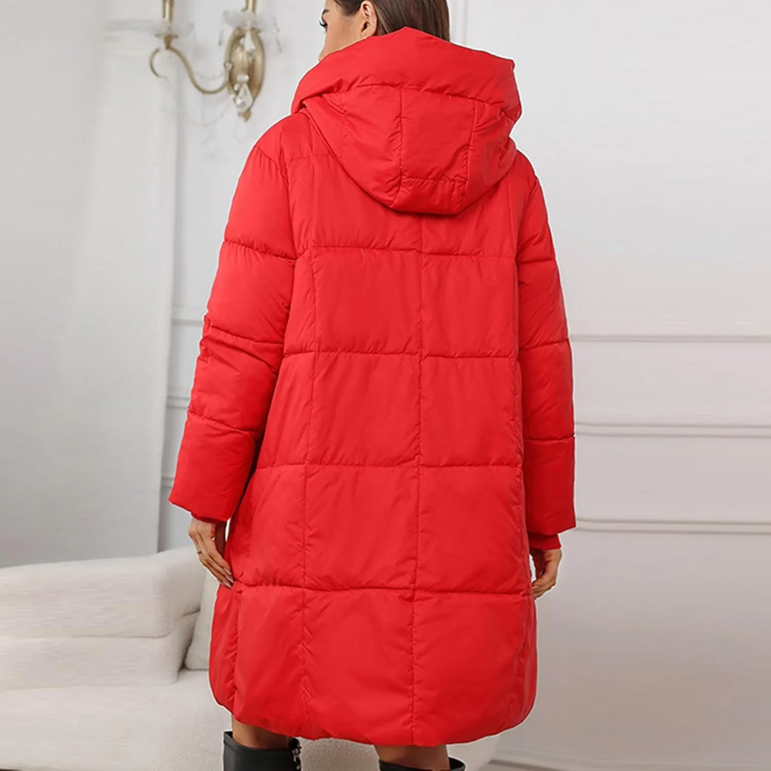 wodceeke Women's Long Hooded Down Coats Waterproof Puffer Jacket Winter Warm Cotton Padded Windbreaker Overcoat