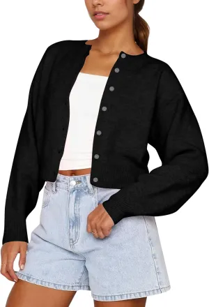 Women Casual Open Front Button Down Cropped Cardigan Sweaters Y2k Crewneck Long Sleeve Fall Knitwear Teen Clothes