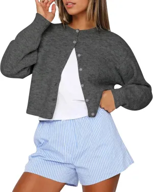 Women Casual Open Front Button Down Cropped Cardigan Sweaters Y2k Crewneck Long Sleeve Fall Knitwear Teen Clothes