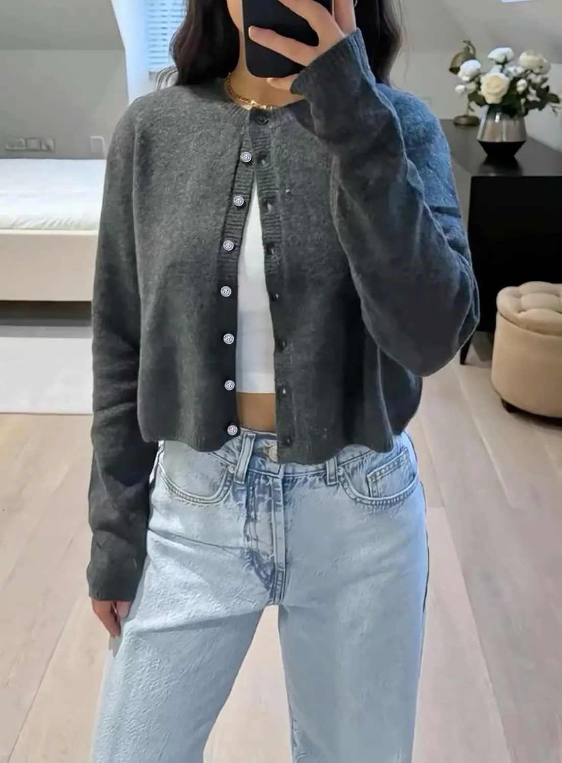 Women Casual Open Front Button Down Cropped Cardigan Sweaters Y2k Crewneck Long Sleeve Fall Knitwear Teen Clothes