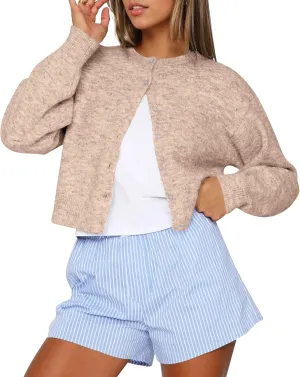 Women Casual Open Front Button Down Cropped Cardigan Sweaters Y2k Crewneck Long Sleeve Fall Knitwear Teen Clothes