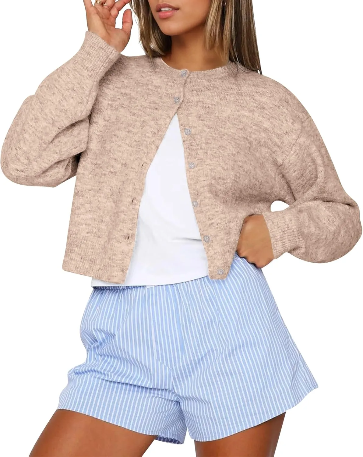 Women Casual Open Front Button Down Cropped Cardigan Sweaters Y2k Crewneck Long Sleeve Fall Knitwear Teen Clothes
