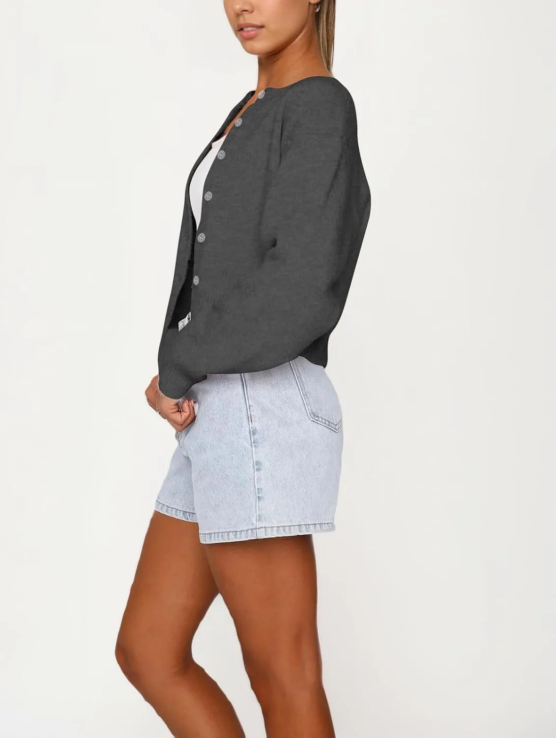 Women Casual Open Front Button Down Cropped Cardigan Sweaters Y2k Crewneck Long Sleeve Fall Knitwear Teen Clothes