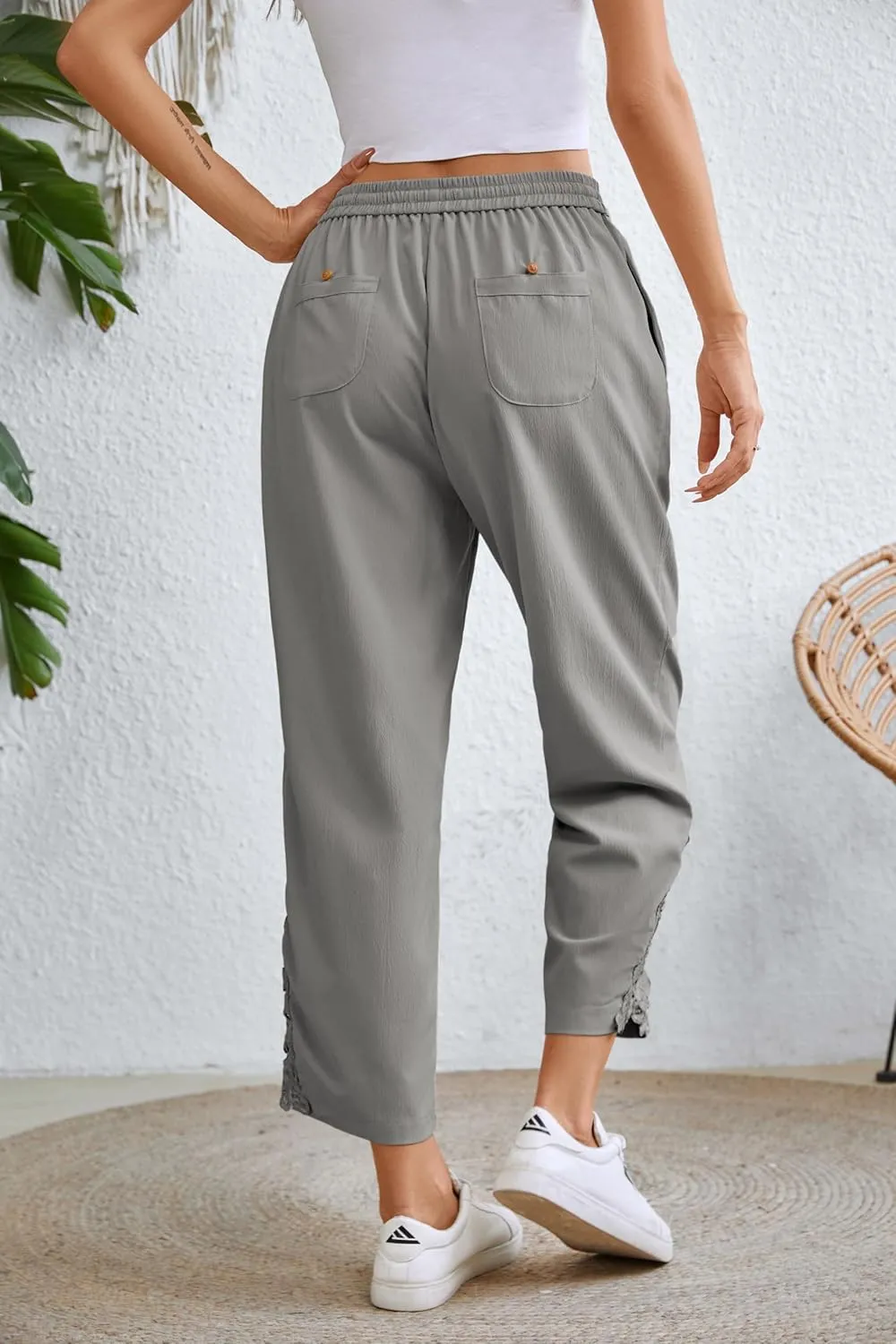 Women Fashion 2025 Casual Lightweight Drawstring Elastic Waist Pants with Pockets