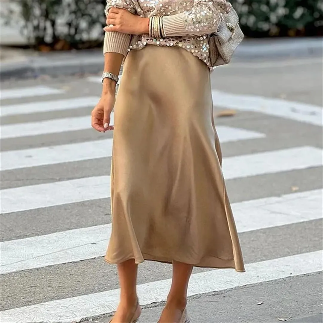 Women High Waist Satin Skirts Spring Solid Draped Hip Skirts Summer Casaul Slim Long Party Skirts