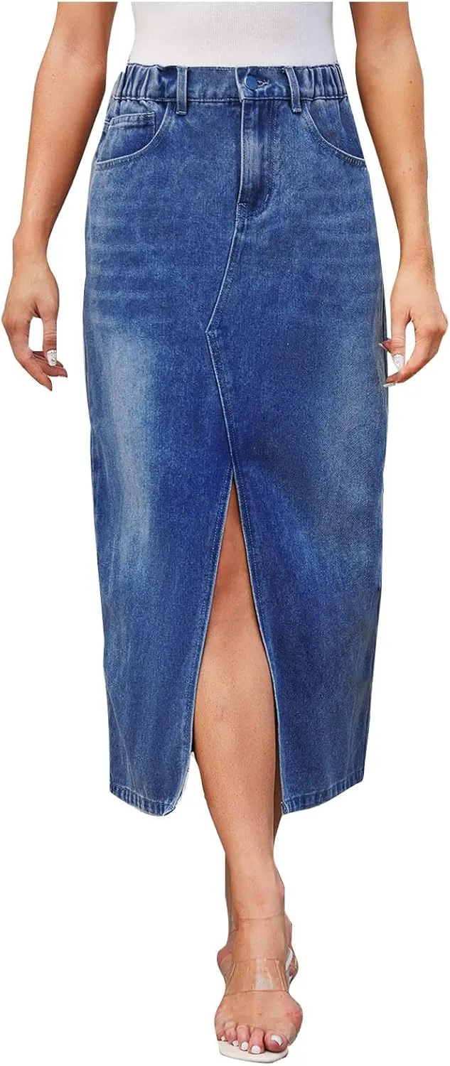 Women Jeans Midi Skirts Stretch High Waisted Elastic Waist Button Zipper Slit Front Casual Denim Skirt