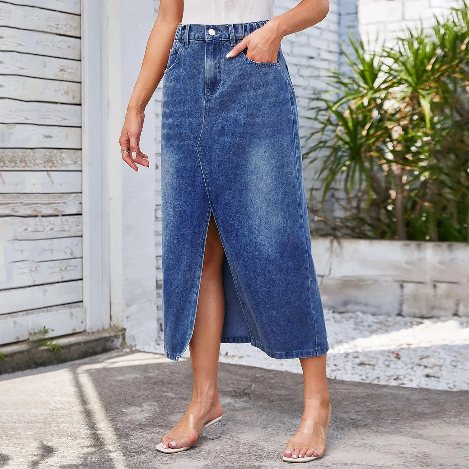 Women Jeans Midi Skirts Stretch High Waisted Elastic Waist Button Zipper Slit Front Casual Denim Skirt